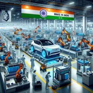DALL·E 2025-03-05 11.05.23 - A futuristic electric vehicle (EV) manufacturing facility in India, showcasing assembly lines producing traction battery packs, battery management sys