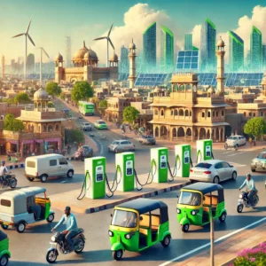 DALL·E 2025-03-29 09.30.10 - A futuristic cityscape in Rajasthan with electric vehicles (EVs) on the roads, charging stations at every corner, and a green energy-powered skyline.